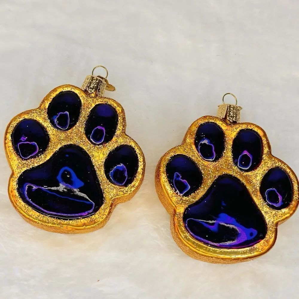 2 Old World Christmas Ornament Paw Print Purple Gold